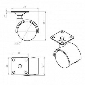Колесо мебельное на площадке, d=40 мм, h=59 мм