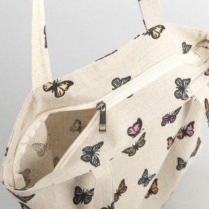 Сумка текстильная "Бабочки", отдел на молнии, без подклада, цвет молочный