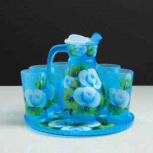 Набор для сока с подносом "Розы" художественная роспись, 6 стаканов 1250/200 мл, синий