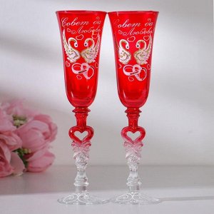 Набор свадебныХ бокалов «Совет да любовь», с сердцем на ножке, красный