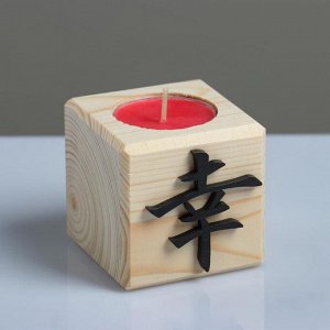 Свеча в деревянном подсвечнике "Куб, Иероглифы. Удача", 6х6х6 см, аромат вишни 5298296