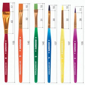 Кисти ЮНЛАНДИЯ, набор 6 шт. (синтетика круглые №2, 3, плоские №4, 5, 6, 8), блистер, 200890