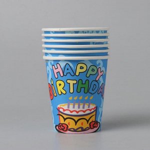 Стакан бумажный «С днём рождения», торт, 6 шт., цвет голубой
