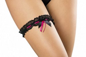 подвязка Чёрная кружевная подвязка на ногу, декорированная розовой ленточкой и чёрным бантом, арт. P-401.