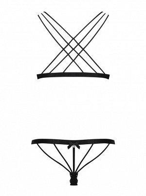 Комплект Комплект из коллекции 854: 
бюст мягкий кружевной, тройные тонкие бретели перекрещиваются на спине, снабжён застежкой-удлинителем. 
Трусики стринги спереди из кружева, сзади из тонких союзок.