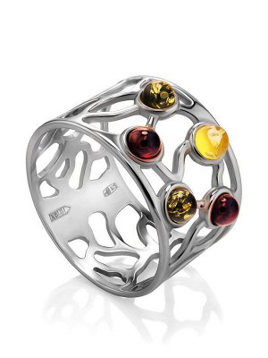 Яркое широкое кольцо «Лимбо» из серебра и янтаря разных цветов,