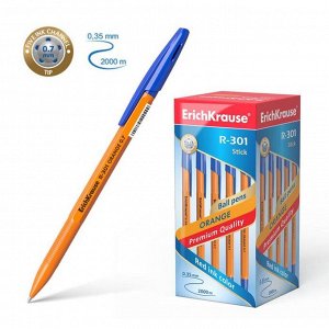 Ручка шариковая Erich Krause R-301 Orange Stick, узел 0.7 мм, чернила синие, длина линии письма 2000 метров, штрихкод на ручке