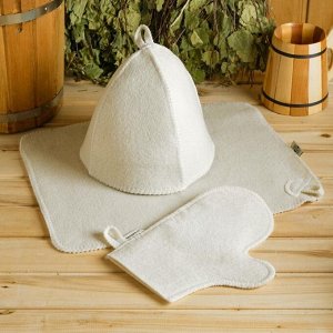 Набор для бани "Белый" без вышивки шапка, варежка, коврик в плёнке
