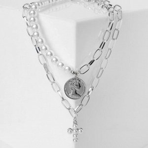 Кулон "Цепь" крест жемчужный, двойной, цвет белый в серебре, L=50 см