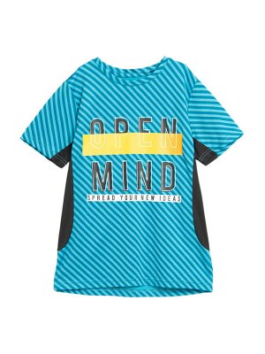 Футболка Синяя футболка свободного кроя для мальчика. На груди надпись: "Open mind, spread your new ideas". Выполнена из дышащего, специально разработанного для активного спорта материала. Не теряет ф