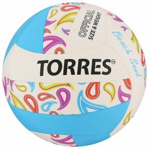 Мяч волейбольный пляжный TORRES Beach Sand Blue, размер 5, синтетическая кожа (ТПУ),машинная сшивка, бутиловая камера, бел-