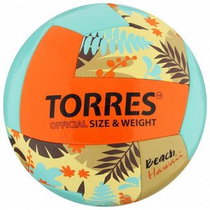 Мяч волейбольный пляжный TORRES Hawaii, размер 5, синтетическая кожа (ТПУ), машинная сшивка, бутиловая камера, бирюзов