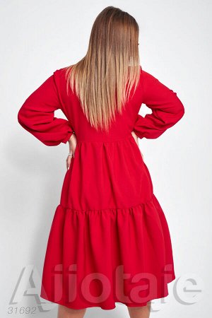 Красное платье миди с воротником аскот