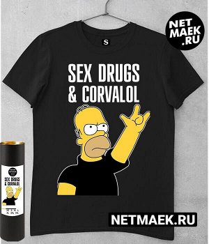 Футболка с Гомером Симпсоном Sex Drugs &amp; Corvalol, цвет черный