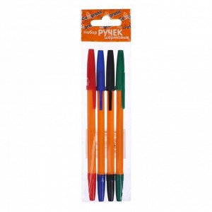 Набор ручек шариковых 4 цвета, стержень 0,7 мм, синий, красный, черный, зеленый, корпус оранжевый