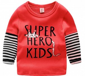 Лонгслив для мальчика, надпись "Super Hero Kids", полосатые рукава, цвет красный