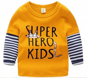 Лонгслив для мальчика, надпись "Super Hero Kids", полосатые рукава, цвет желтый