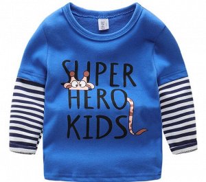 Лонгслив для мальчика, надпись "Super Hero Kids", полосатые рукава, цвет синий