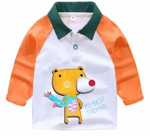 Лонгслив для мальчика, принт "Медведь", цвет белый, зеленый воротник, оранжевые рукава