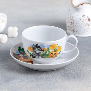 Чашка чайная с блюдцем Дулевский фарфор «Приключения Колобка», 210 мл, рисунок МИКС