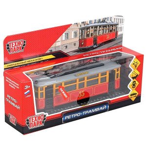 TRAMMC1-17SL-RD Модель металл свет-звук ТРАМВАЙ РЕТРО 17 см, двери, инерц, красн, в кор. Технопарк в кор.2*36шт