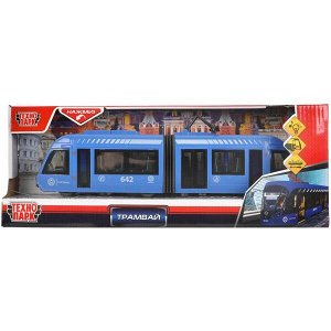 TRAMNEWRUB-30PL-BU Модель пластик свет-звук ТРАМВАЙ С РЕЗИНКОЙ 30 см, двери, синий, в кор. Технопарк в кор.2*18шт