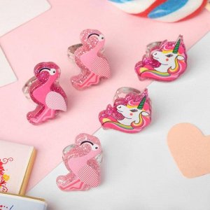 Кольца детские &quot;Пальчики&quot; (наб. 5шт) фламинго и единороги, форма МИКС, цвет розовый, безразмерные