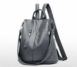 Женский рюкзак-сумка, принт "Крокодиловая кожа", основной карман "Антивор" на задней стороне, цвет серый