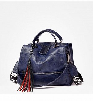 Женская сумка, два ремешка(короткий и длинный), декор в виде кисточки, цвет синий