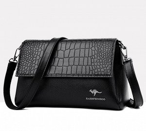 Женская сумочка с клапаном и принтом "Кродиловая кожа", логотип "Кенгуру", цвет черный