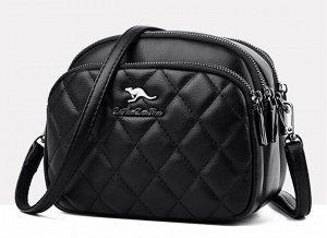 Женская сумочка округлой формы со стеганым принтом на лицевой стороне, три отделения, логотип "Кенгуру", цвет черный