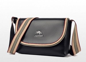 Женская сумочка с клапаном, широкий ремень в полосочку, логотип "Кенгуру", цвет черный