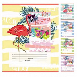 Тетрадь 12л., косая линия, Проф-Пресс "Фламинго и цветные волны", скрепка, мелованный картон