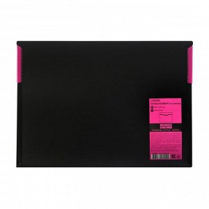 Папка-конверт на кнопке A4 (230 x 320 мм), 350 мкм, с рельефной фактурной поверхностью, с 2-мя отделениями, непрозрачный черный с неновым розовым, "deVENTE. Monochrome"