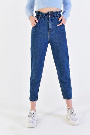 Темно-джинсовый цвет с двойной пуговицей и высокой талией Mom Jean