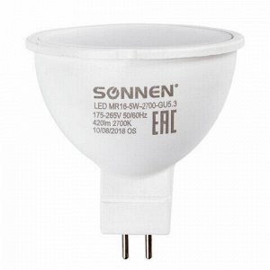 Лампа светодиодная SONNEN, 5 (40) Вт, цоколь GU5.3, теплый белый свет, 30000 ч, LED MR16-5W-2700-GU5.3, 453713