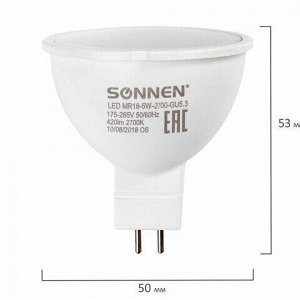 Лампа светодиодная SONNEN, 5 (40) Вт, цоколь GU5.3, теплый белый свет, 30000 ч, LED MR16-5W-2700-GU5.3, 453713