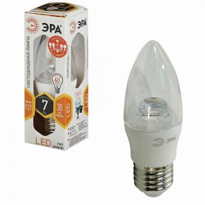 Лампа светодиодная ЭРА, 7 (60) Вт, цоколь E27, "прозрачная свеча", теплый белый свет, 30000 ч., LED smdB35-7w-827-E27-Clear, B35-7w-827-E27c