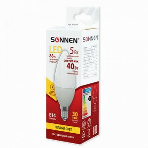 Лампа светодиодная SONNEN, 5 (40) Вт, цоколь Е14, свеча, теплый белый свет, 30000 ч, LED C37-5W-2700-E14, 453709