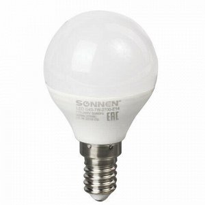 Лампа светодиодная SONNEN, 7 (60) Вт, цоколь Е14, шар, теплый белый свет, 30000 ч, LED G45-7W-2700-E14, 453705