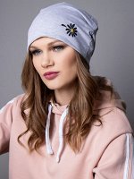Шапка трикотажная женская откидная, сбоку ромашка, светло-серый