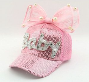 Кепка для девочки, с бантом, надпись "Baby", декор камни, бусины, пайетки, цвет розовый