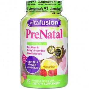 VitaFusion, PreNatal, фолиевая кислота и ДГК, натуральный малиновый лимонадный вкус, 90 жевательных конфет