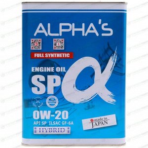 Масло моторное ALPHA'S 0w20 синтетическое, API SN+/SP, ILSAC GF-5/GF-6A, для бензинового двигателя, 4л, арт. 809444