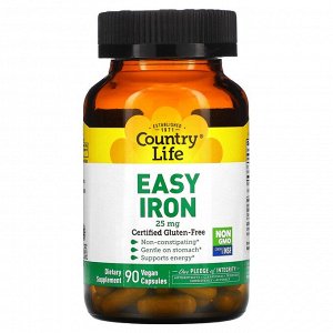 Железо Country Life, Easy Iron, 25 мг, 90 вегетарианских капсул
Продвинутая добавка с железом, содержащая Феррохель, тип железа, не вызывающий запоров и не раздражающий желудок. Железо необходимо для 