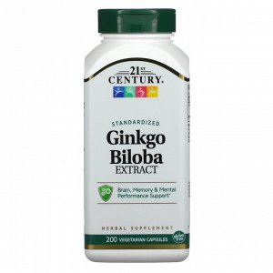 21st Century, Экстракт Ginkgo biloba, стандартизированный, 200 вегетарианских капсул