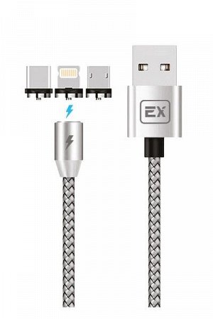 Кабель Exployd, USB - microUSB, 8 Pin, TYPE-C, круглый, нейлон, серебро, 3 в 1, зарядка, Magnetic, 1М, 2.1A, Classic, EX-K-789