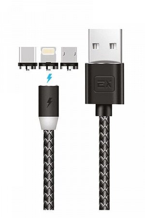 Кабель Exployd, USB - microUSB, 8 Pin, TYPE-C, круглый, нейлон, чёрный, 3 в 1, зарядка, Magnetic, 1М, 2.1A, Classic, EX-K-788