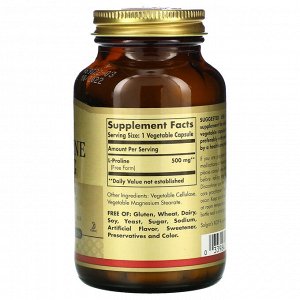 Solgar, L-Proline, 500 мг, 100 растительных капсул