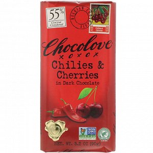 Шоколад Chocolove, Чили и вишня в темном шоколаде, 3,2 унции (90 г). Темный полусладкий шоколад с анчо и перцем холопеньо, а также сушеными вишнями.  55% какао.  Чили вызывает теплые ощущения, а вишня